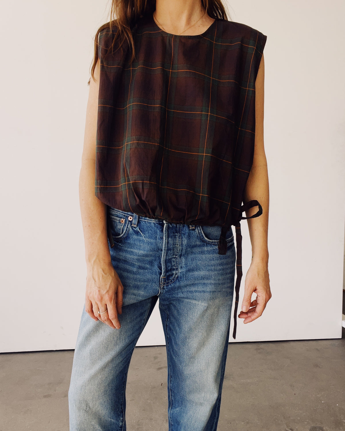 The Drawstring Crop Brown Plaid