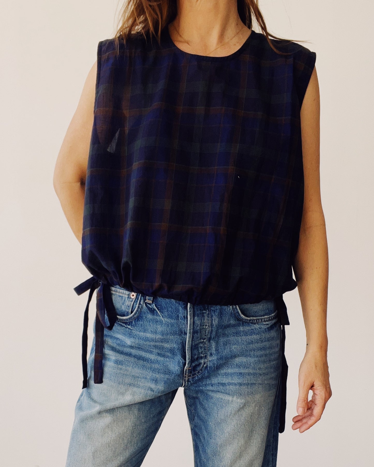 The Drawstring Crop Navy Plaid