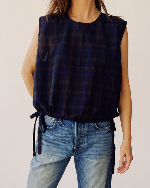 The Drawstring Crop Navy Plaid