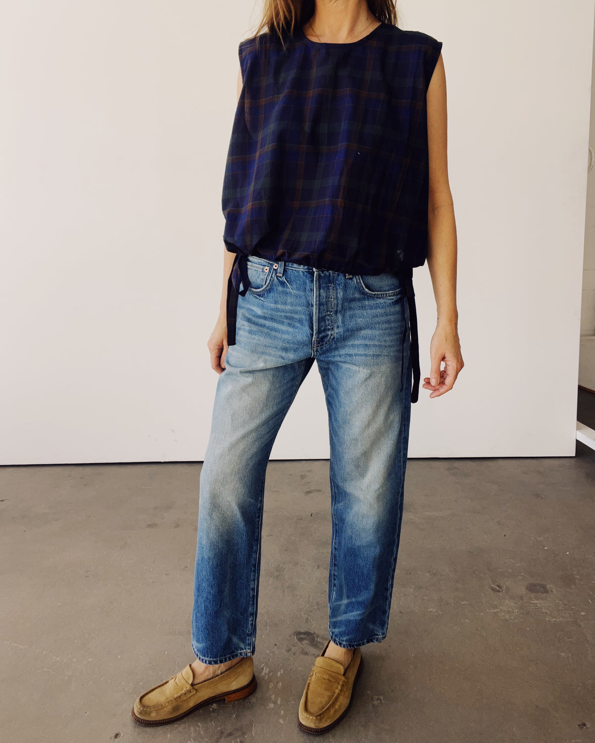 The Drawstring Crop Navy Plaid
