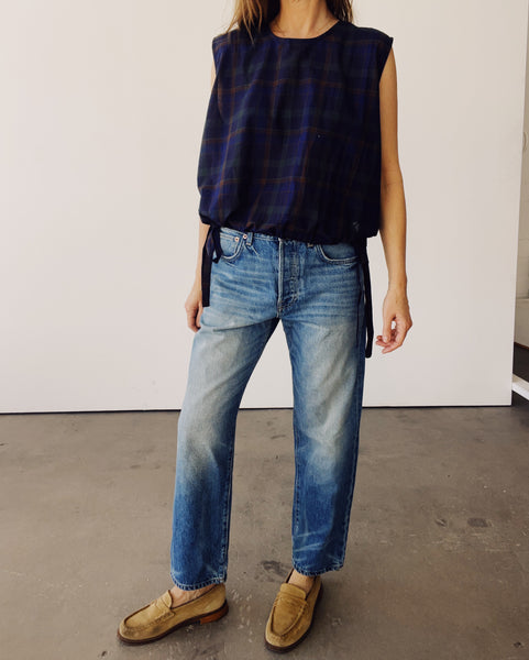 The Drawstring Crop Navy Plaid